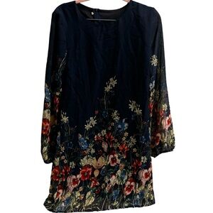 Women’s Lined Midi Navy Floral Crew Neck Long Sleeve Cinched wrist Dress Size L
